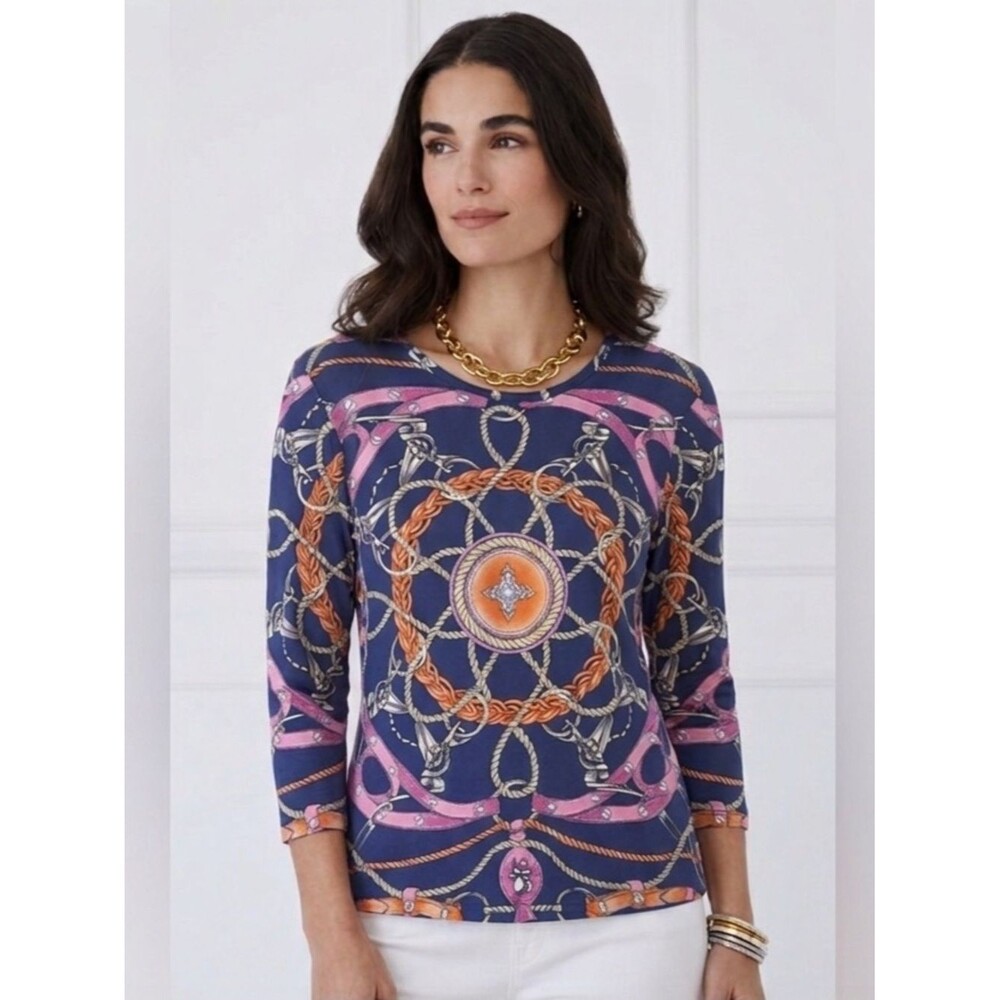 J. McLaughlin Catalina Top S Equestrian Scarf Print Hermes Nautical Chain Preppy